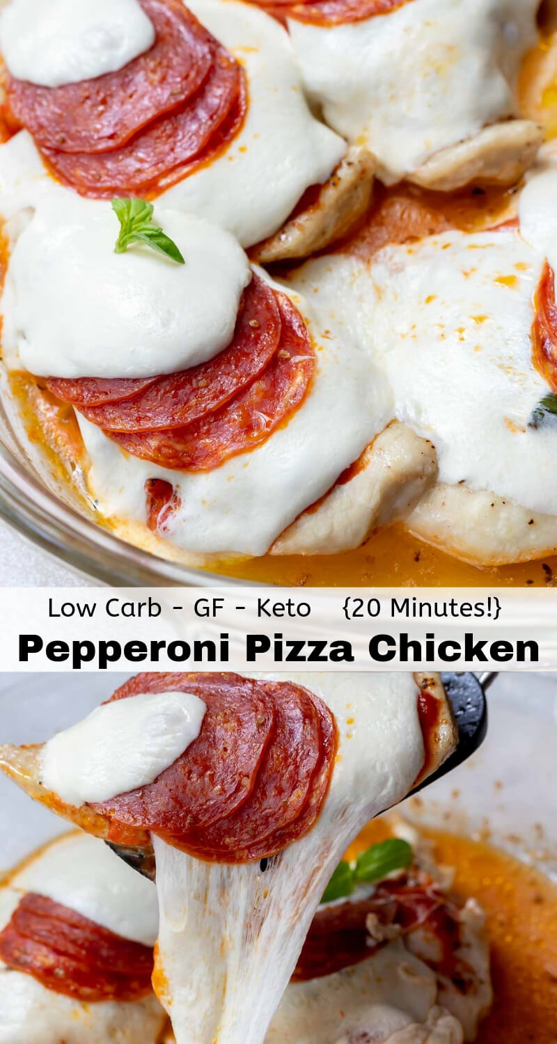 This Low Carb Pepperoni Pizza Chicken Breast Recipe is a quick, easy dinner for those nights you're craving pizza but don't want all the carbs. Lean oven roasted chicken breast is topped with marinara, basil, fresh mozzarella cheese and pepperoni. This low carb, Keto friendly meal is also gluten free. #lowcarbrecipes #ketorecipes #ketodiet #pizzarecipes #dinnerideas pepperoni pizza chicken breast recipe photo collage