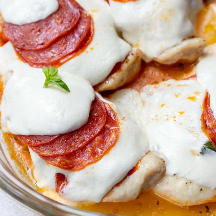 pizza chicken breasts topped with pepperoni and mozzarella