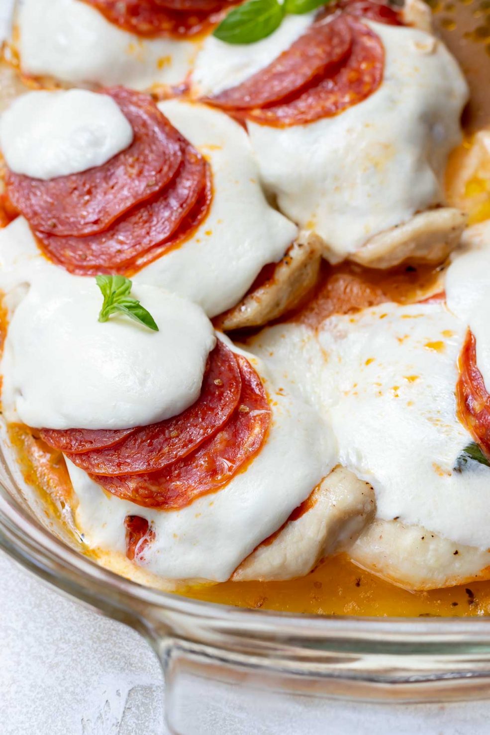 pizza chicken breasts topped with pepperoni and mozzarella