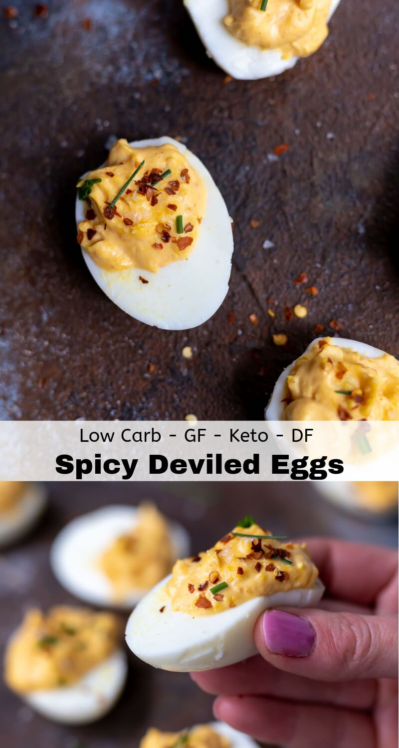 Spicy Deviled Eggs bring a little heat to your favorite appetizer! This deviled egg recipe includes a splash of hot sauce and chili flakes on top. The perfect amount of spiciness in an awesome low carb snack. #deviledeggs #eggrecipes #ketorecipes #lowcarbrecipes #appetizerrecipes spicy deviled eggs recipe photo collage