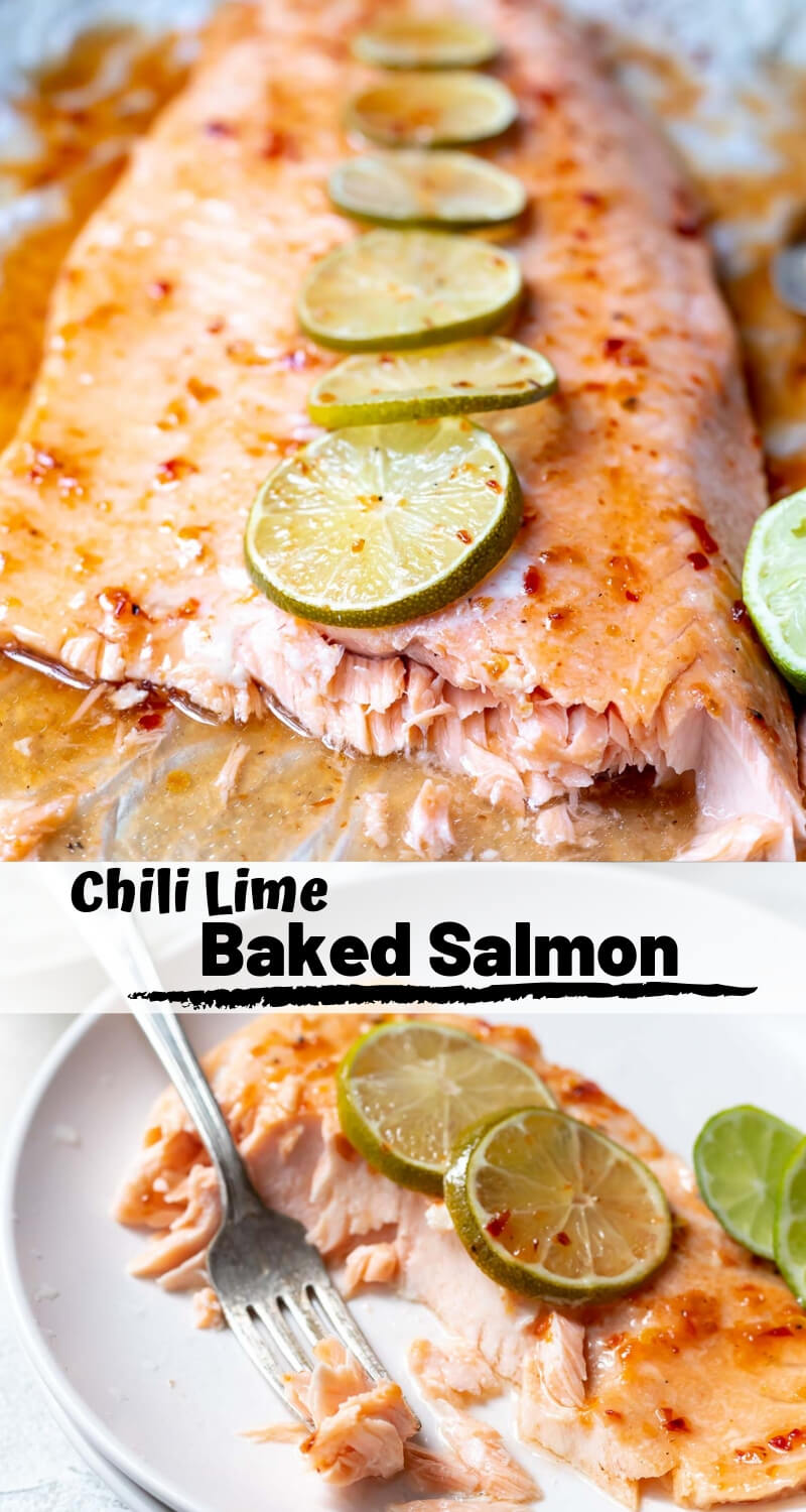 This Chili Lime Salmon is another quick, easy and flavorful salmon recipe that is perfect for weeknight dinner. Just a few simple ingredients, about 20 minutes and dinner is ready! #salmonrecipes #dinnerideas #dinnerrecipes #easydinnerrecipes chili lime salmon recipe photo collage