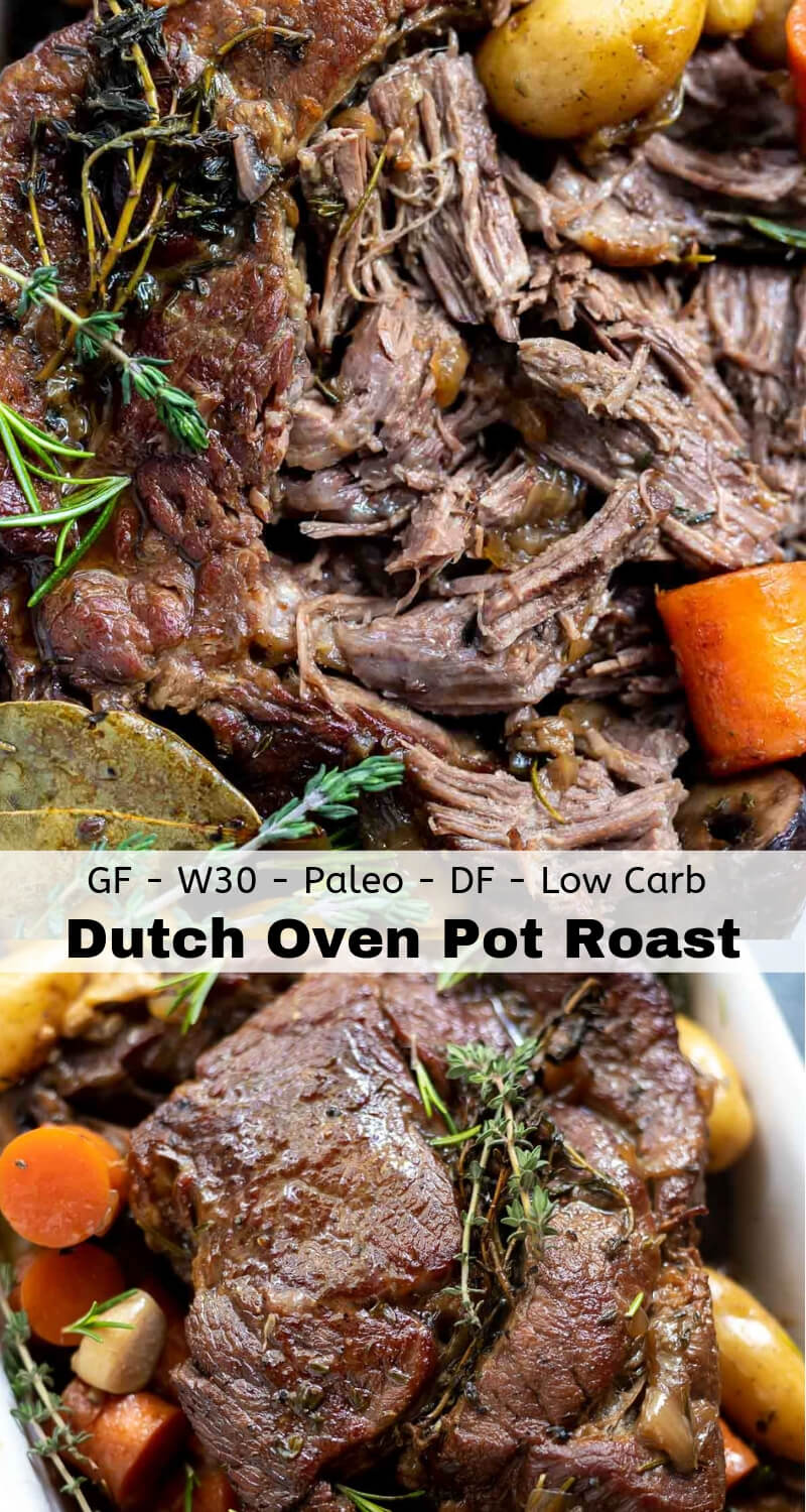 If you're going to make one last cold weather comfort food meal before Summer, this Dutch Oven Pot Roast Recipe is it! We braise this pot roast in the oven slowly to get that fork tender meat. Simple ingredients and an easy process make this the perfect relaxed Sunday Dinner. #potroastrecipes #dinnerideas #comfortfood #whole30recipes dutch oven pot roast recipe photo collage