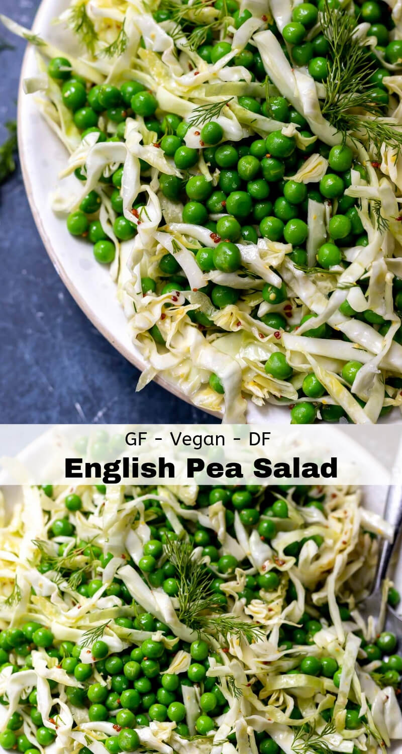 This English Pea Salad Recipe is just what we need to get Spring started and perfect for your Easter meal. Fresh green peas, shredded cabbage and a tangy dressing make this salad healthier than classic creamy pea salad made with mayonnaise, bacon and cheese. #peasalad #easterrecipes #springrecipes #sidedishrecipes english pea salad recipe photo collage