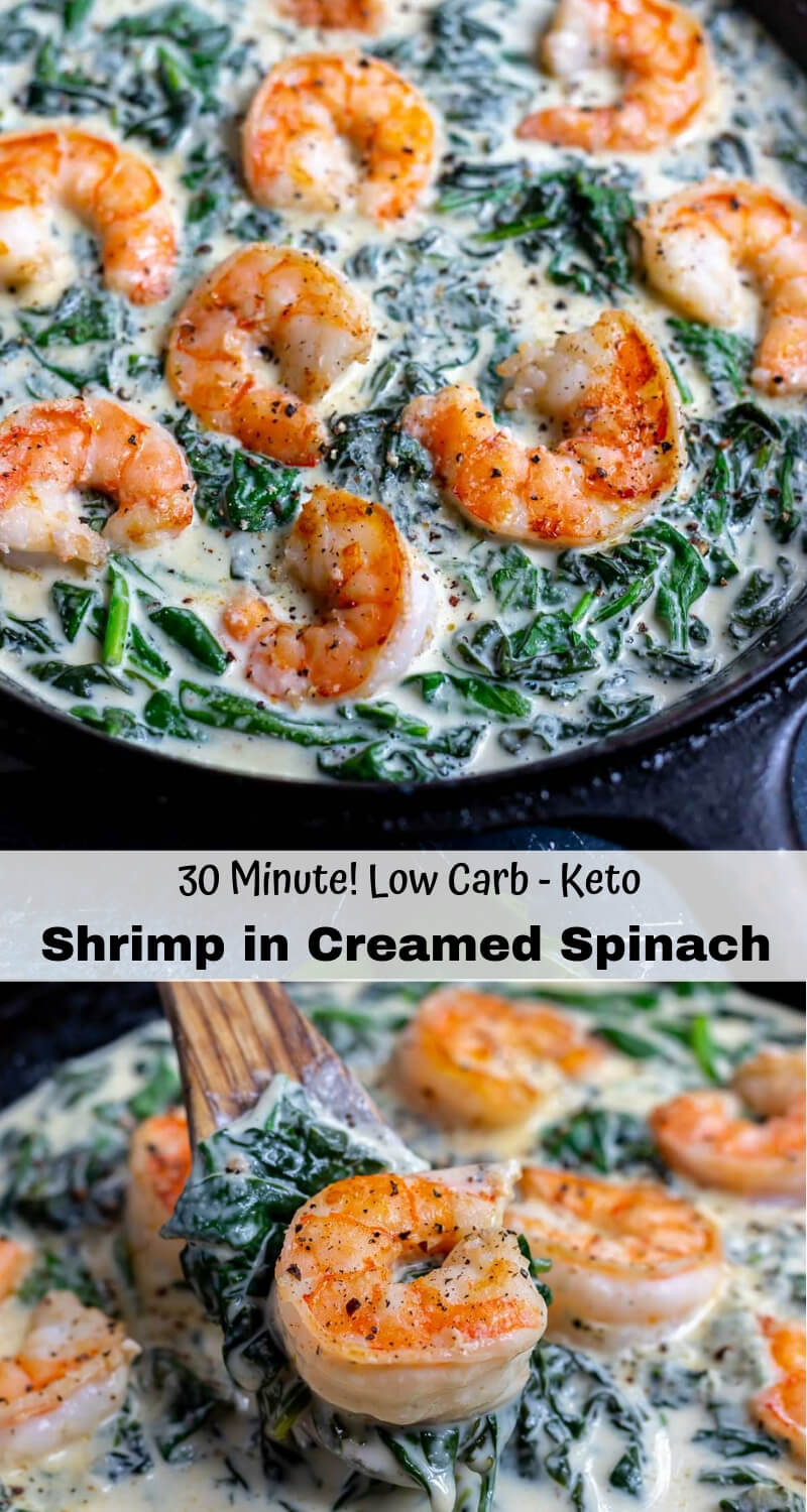 Try this Shrimp and Spinach Cream Sauce recipe for an easy low carb dinner. This 30 minute one-pan meal starts with shrimp and ends with creamed spinach with cream cheese sauce. Eat this Keto friendly meal as is or serve over pasta. #ketorecipes #lowcarbrecipes #creamedspinach #onepanmeals #shrimprecipes #dinnerideas #lowcarbdiet shrimp and spinach cream sauce recipe photo collage