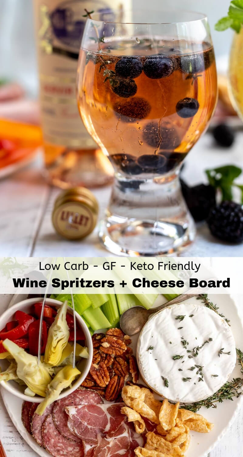 This Easy White Wine Spritzer Recipe along with a low carb cheese board charcuterie is a great way to enjoy a night in with the girls without overindulging. A simple blend of white or rose wine, berries, herbs and sparkling water. #winespritzer #wine #partyrecipes #cocktailrecipes #cheeseboard #charcuterie low carb cheese board and white wine spritzer recipe photo collage
