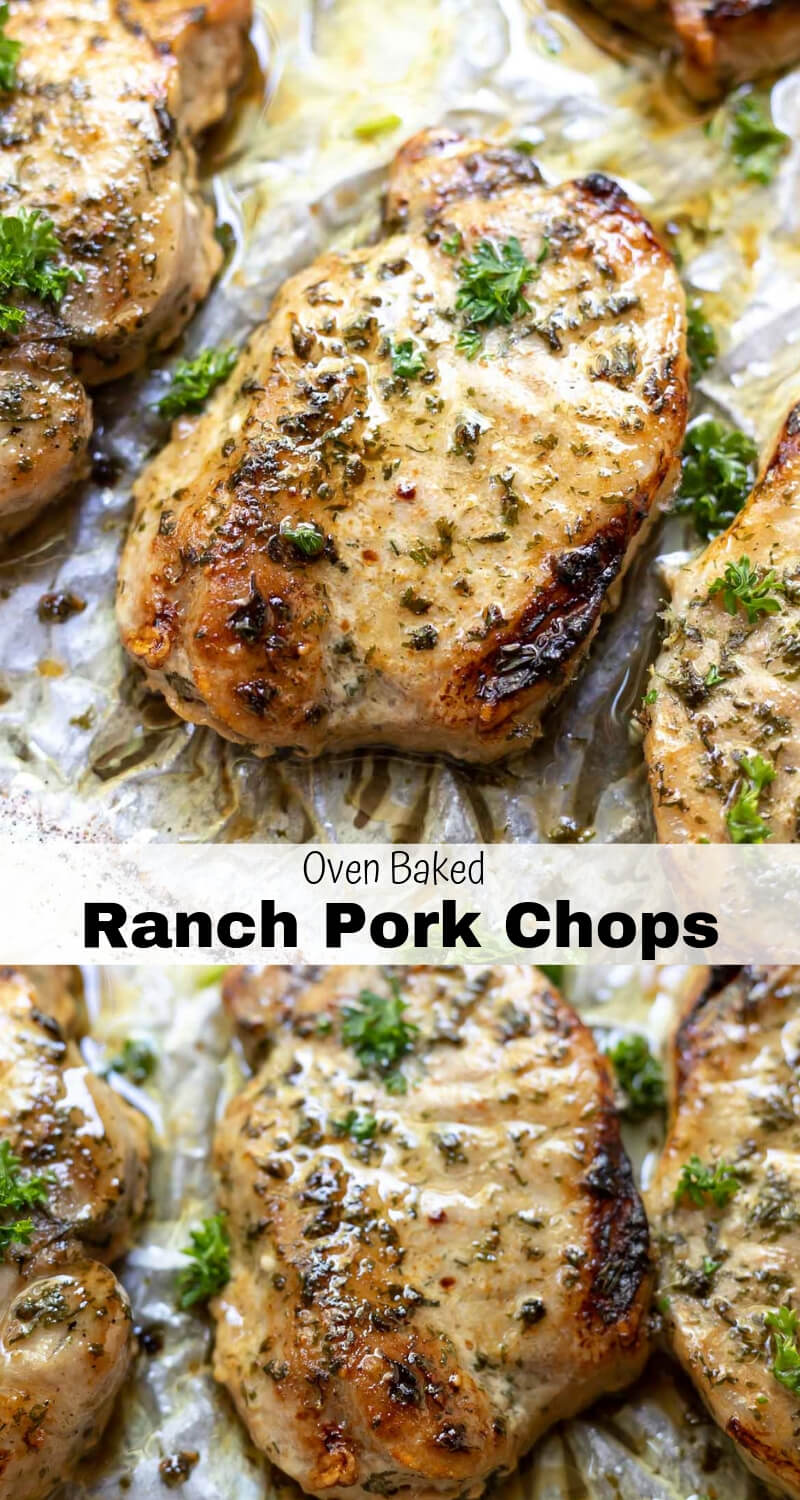 Baked Ranch Pork Chops are a quick, inexpensive and easy dinner recipe. The entire family will love these pork chops, perfect for weeknight dinner. #ranchporkchops #porkchoprecipe #easydinnerideas #easydinnerrecipes baked ranch pork chops recipe photo collage