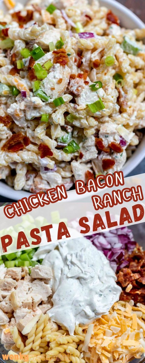 Chicken Bacon Ranch Pasta Salad is practically a meal all by itself. This easy pasta salad recipe is great for picnics, parties, barbecues or potlucks. The perfect side dish to please a hungry crowd! chicken bacon ranch pasta salad pinnable image