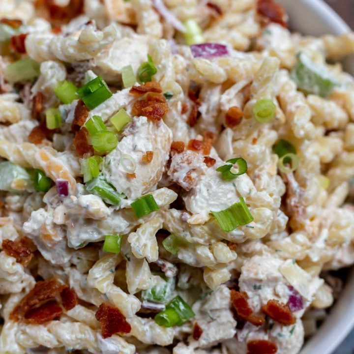 white bowl filled with pasta salad