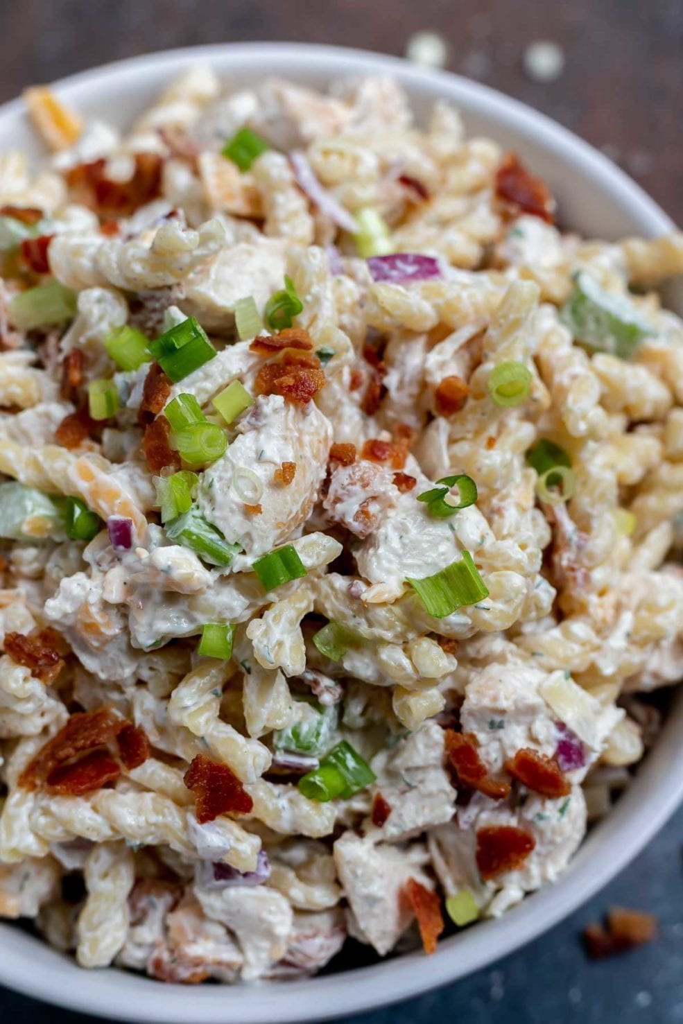 white bowl filled with pasta salad