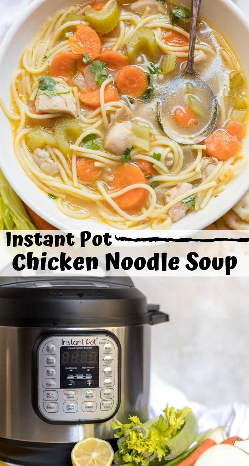 This Pressure Cooker Chicken Noodle Soup Recipe is comfort food at its best. Quick and easy homemade chicken soup for those chilly winter days or to make you feel better when you're sick. This traditional chicken noodle soup is made right in your Instant Pot! #instantpotrecipes #pressurecookerrecipes #chickennoodlesoup #instantpotsouprecipes #souprecipes instant pot chicken noodle soup recipe photo collage