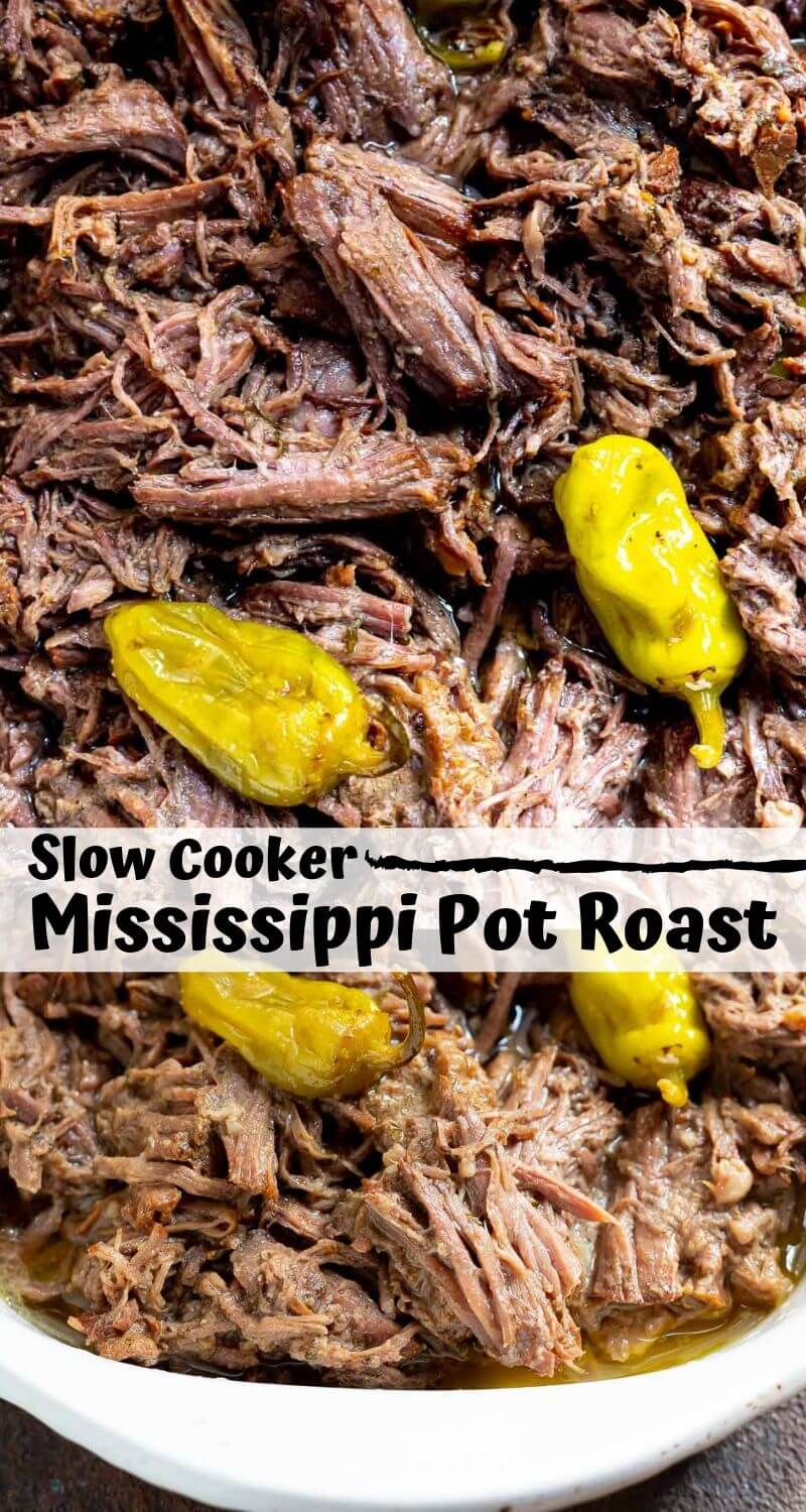 This Slow Cooker Mississippi Roast Recipe is an easy crockpot dinner that can be used in so many ways. The juicy, tender roast is great alone, on sandwiches or with whatever vegetable side dish you prefer. Slow cooked beef pot roast with the tangy peppery pepperoncini flavor makes this dish unforgettable. #slowcookerrecipes #slowcookermeals #slowcookerdinners #slowcookermississippipotroast #mississippipotroast #crockpotrecipes #slowcookerbeefrecipes slow cooker mississippi roast recipe photo collage