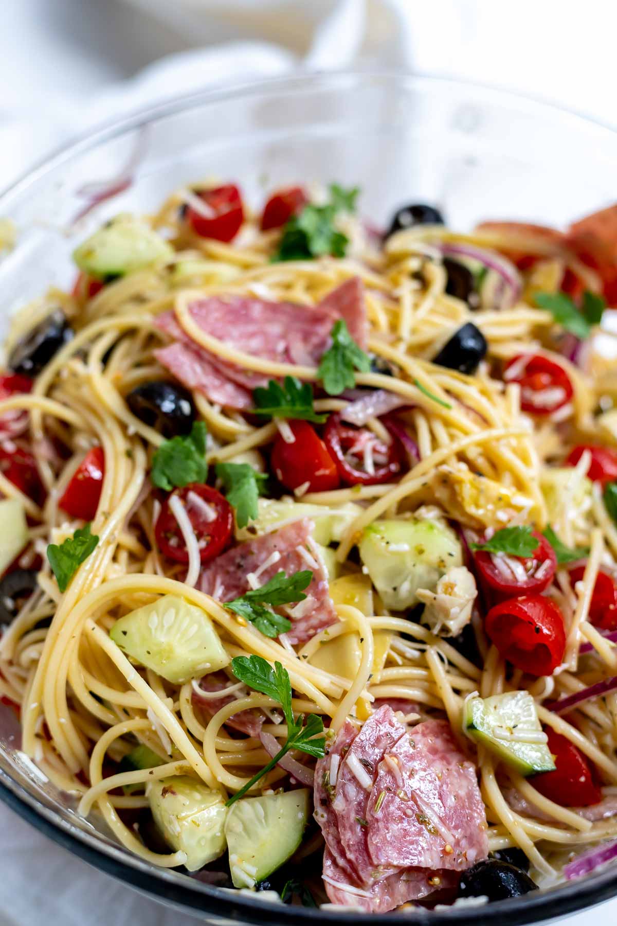 Italian spaghetti pasta salad in glass bowl