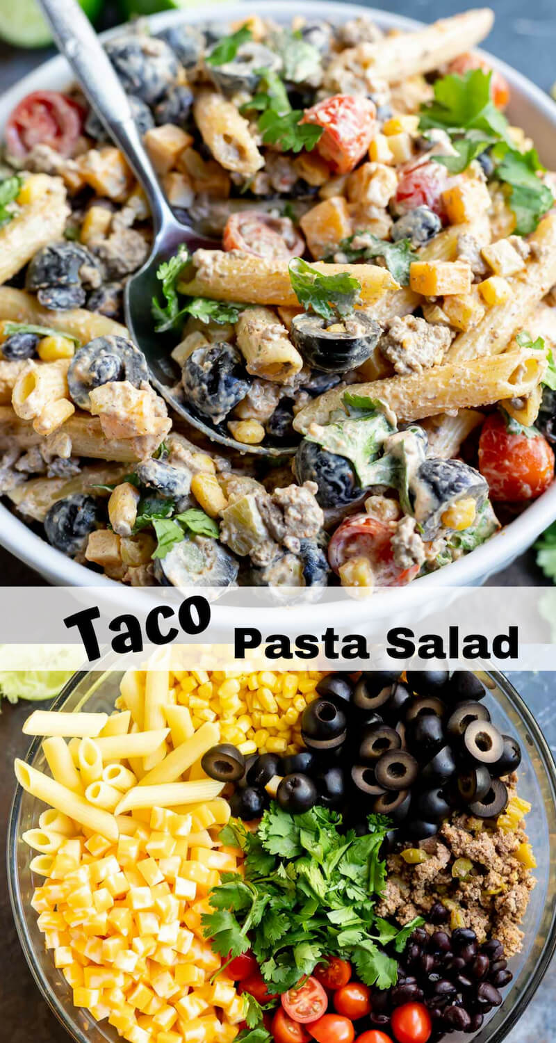 This Taco Pasta Salad Recipe is just in time for those summer barbecues. A cold pasta salad side dish with a fun taco twist will be a hit! #pastasaladrecipe #tacopastasalad #summerrecipes #sidedishrecipes taco pasta salad recipe photo collage