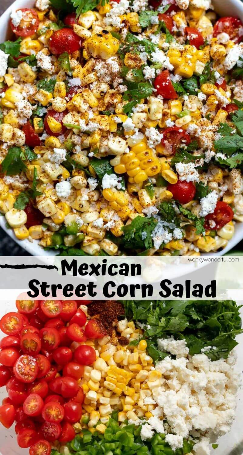 This Mexican Street Corn Salad Recipe is a lighter version of traditional street corn. With roasted corn, fresh tomatoes, cilantro, jalapeño and quest fresco this makes a fantastic side dish for potlucks, parties and barbecues. #cornsalad #mexicanstreetcorn #sidedishrecipes - mexican corn recipes - mexican corn salad - healthy mexican corn - mexican street corn - mexican style corn - mexican corn recipe easy - vegetarian side dish - mexican side dishes