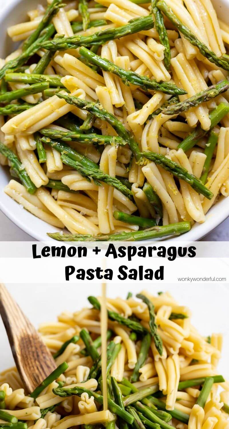 This Asparagus Pasta Salad Recipe is simple summer side dish. With a mild lemon dressing and fresh asparagus this pasta salad goes well with just about anything. #pastasaladrecipes #asparagusrecipes #pastasalad #sidedishrecipes