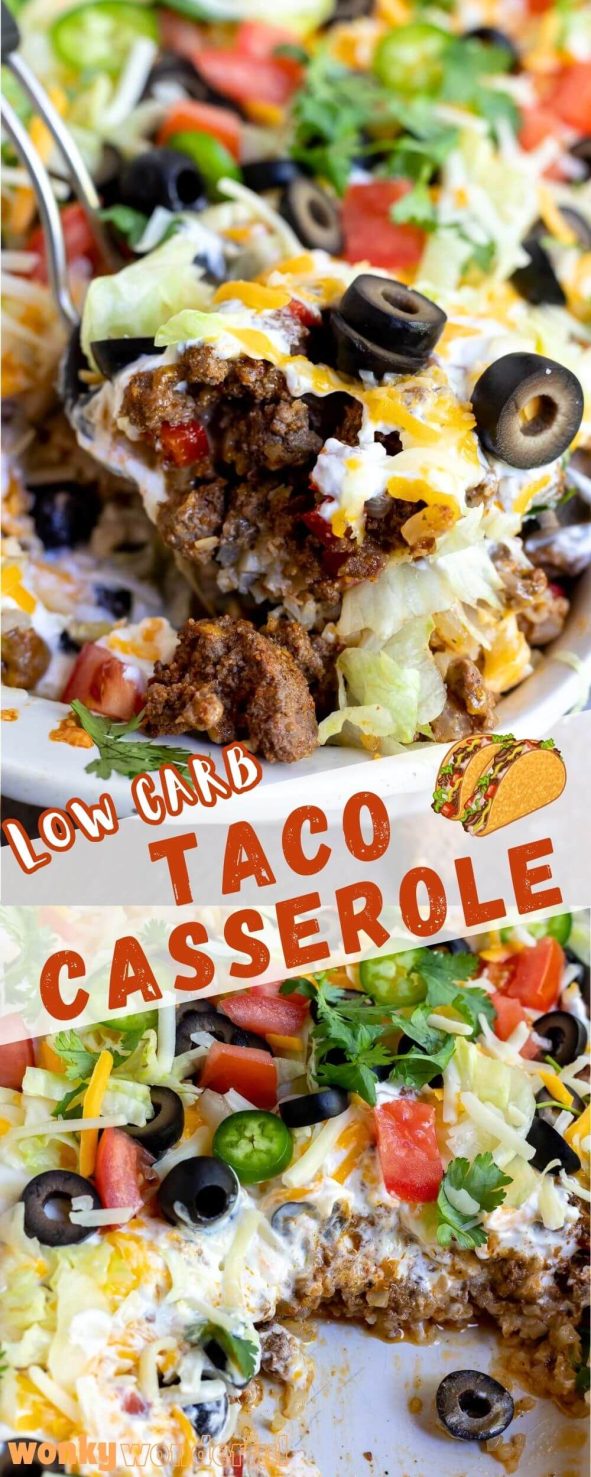This Low Carb Taco Casserole Recipe is the perfect dinner idea for anyone trying to eat low carb or Keto. A satisfying meal that is quick, easy and nutritious. Make rice to serve on the side and this will be a family favorite weeknight dinner! low carb taco casserole pinnable image