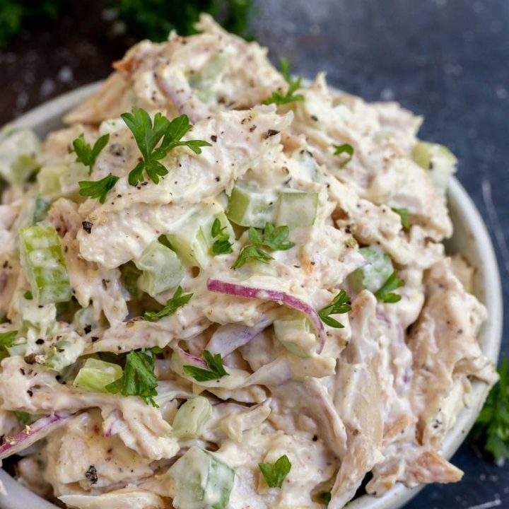chicken salad in white bowl