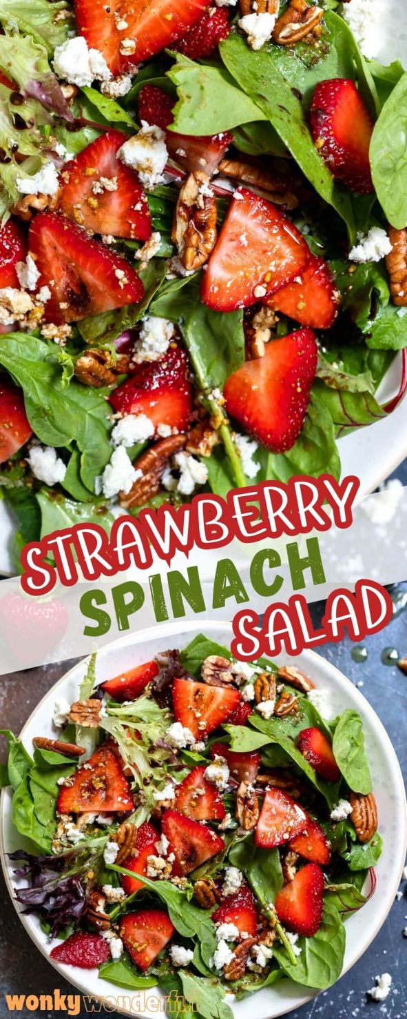 This Strawberry Spinach Salad with Homemade Balsamic Vinaigrette Dressing comes together in no time for a fresh and flavorful side salad or light dinner. strawberry spinach salad pinnable image