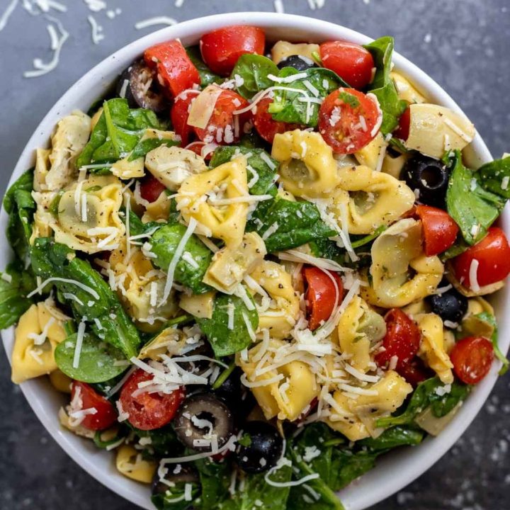 Italian tortellini salad in white bowl