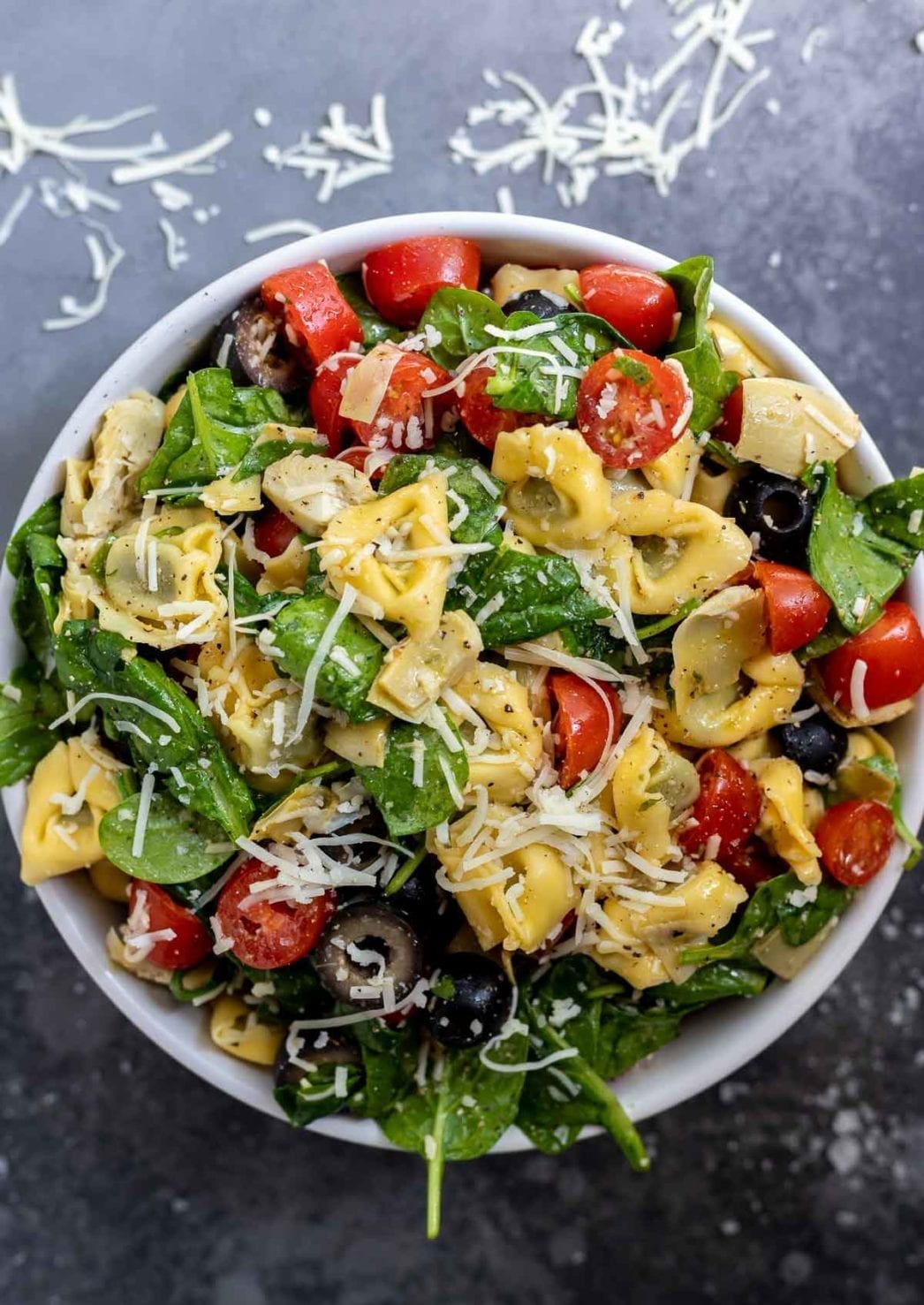 Italian tortellini salad in white bowl