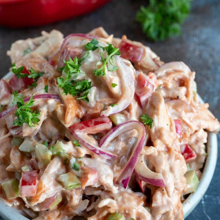 barbecue chicken salad in white bowl