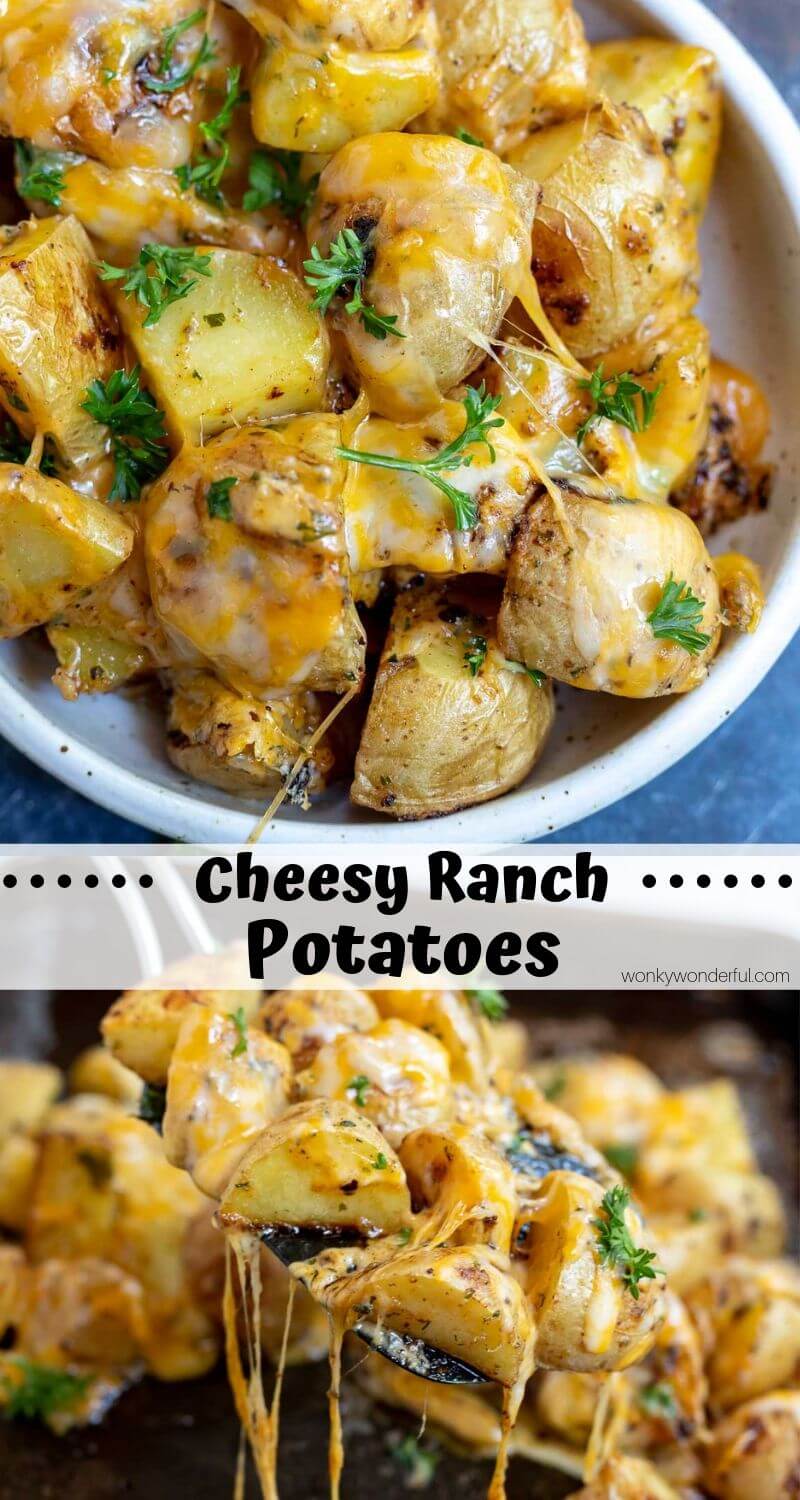 This Cheesy Ranch Potatoes Recipe is a super simple side dish idea. Potatoes tossed with dry ranch mix then roasted. Top with melty cheese for the ultimate comfort food! #ranchpotatoes #potatorecipes #sidedishideas #sidedishrecipes #potatosidedishes #cheesyrecipes