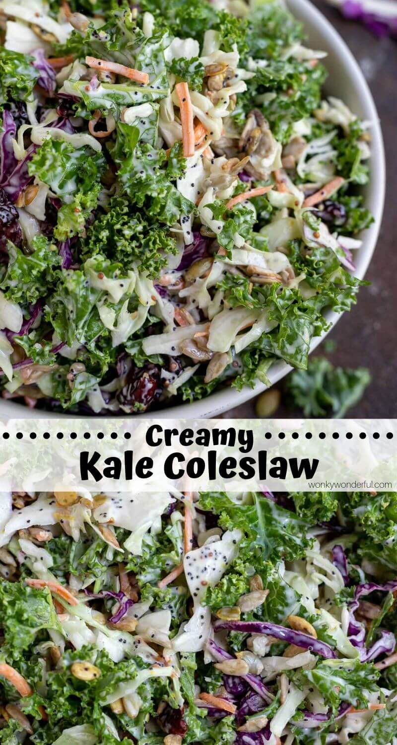 This Kale Slaw Salad Recipe is the best of both worlds, kale salad and coleslaw combined to make a tasty nutritious side dish. Kale, cabbage, seeds and dried cranberries tossed with a creamy poppy seed dressing . . . so good! #kalesalad #kalerecipes #coleslawrecipes #poppyseeddressing #saladrecipes #sidedishrecipes #kaleslaw