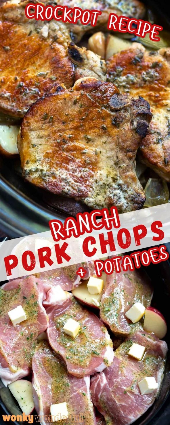 crockpot ranch pork chops and potatoes pinnable image