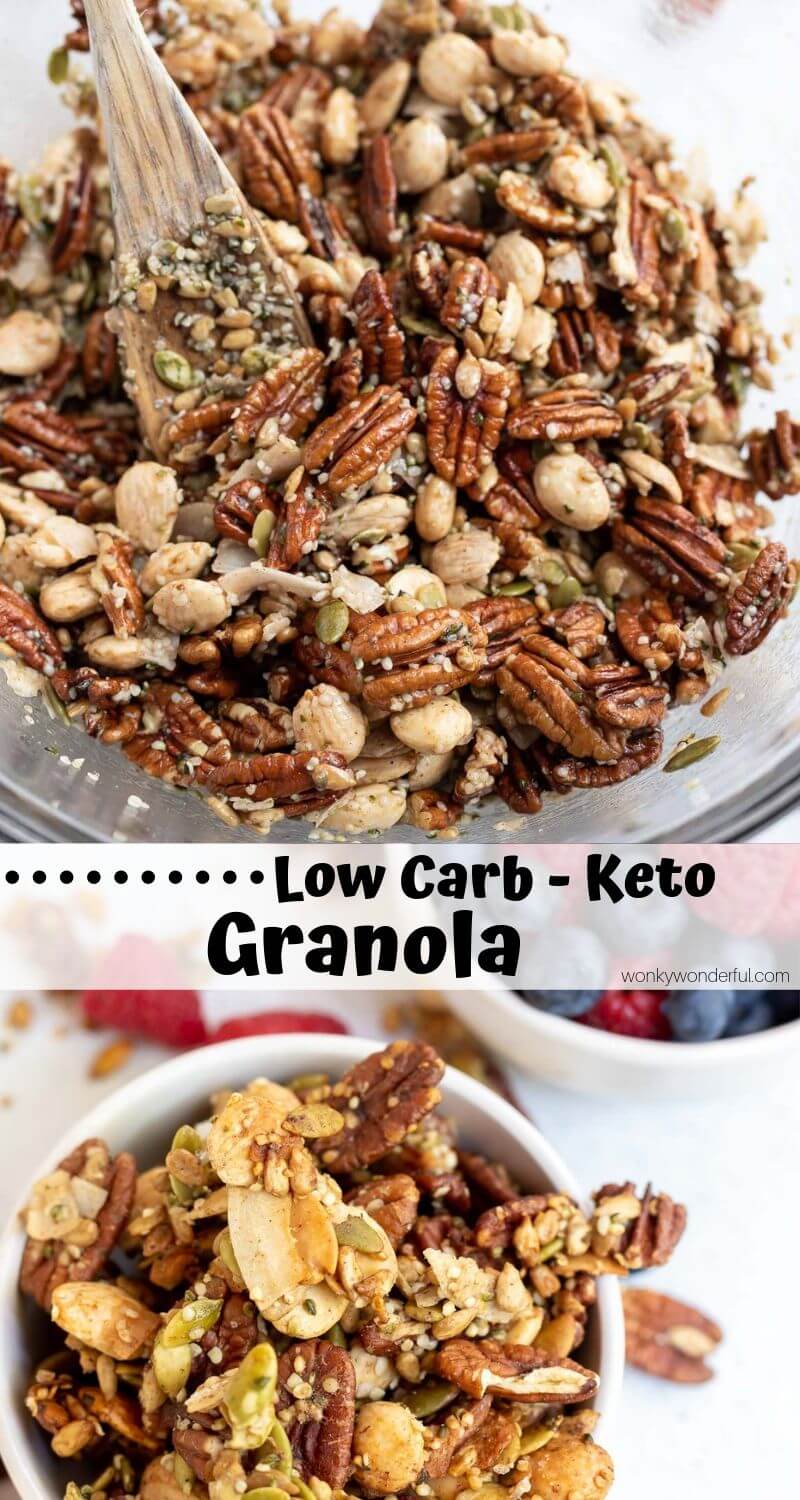 This Low Carb Granola Recipe is Keto Friendly and unbelievably tasty! Low sugar, low carb and all flavor. Top yogurt with this granola and fresh berries for the ultimate nutritious breakfast. #ketorecipes #lowcarbrecipes #granolarecipes #lowcarbgranola #ketobreakfastrecipes #ketodiet #lowcarbdiet #lowcarbbreakfastideas