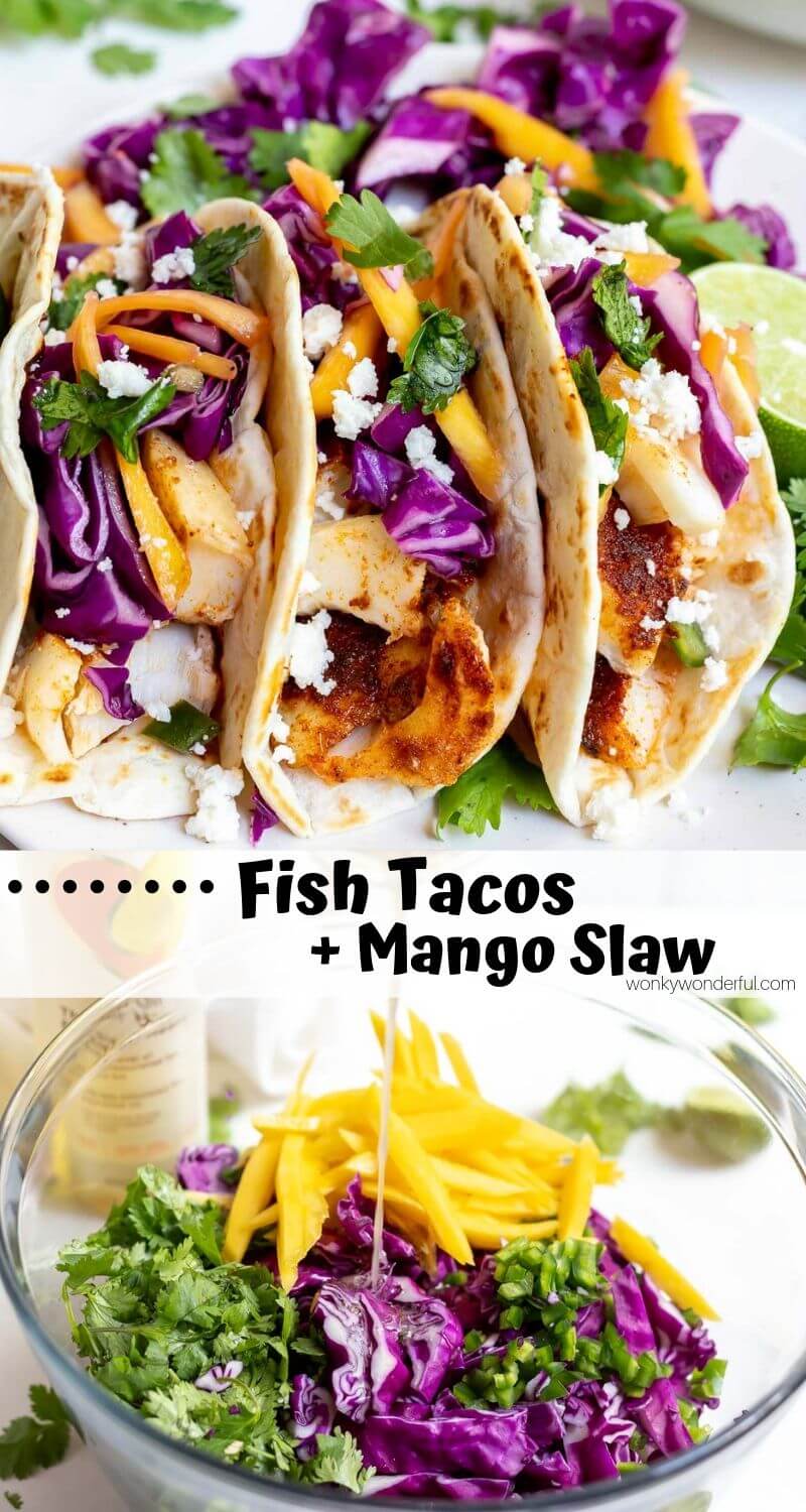 These Easy Baked Fish Tacos with Mango Slaw are a great weeknight dinner idea. Tacos Tuesdays will be a hit with this Healthy Fish Tacos Recipe! #fishtacos #tacotuesdayrecipes #tacorecipes #easydinnerideas #easydinnerrecipes #dinnerrecipes #weeknightdinnerideas