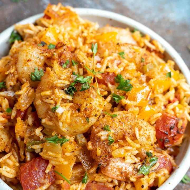 shrimp and rice in white bowl