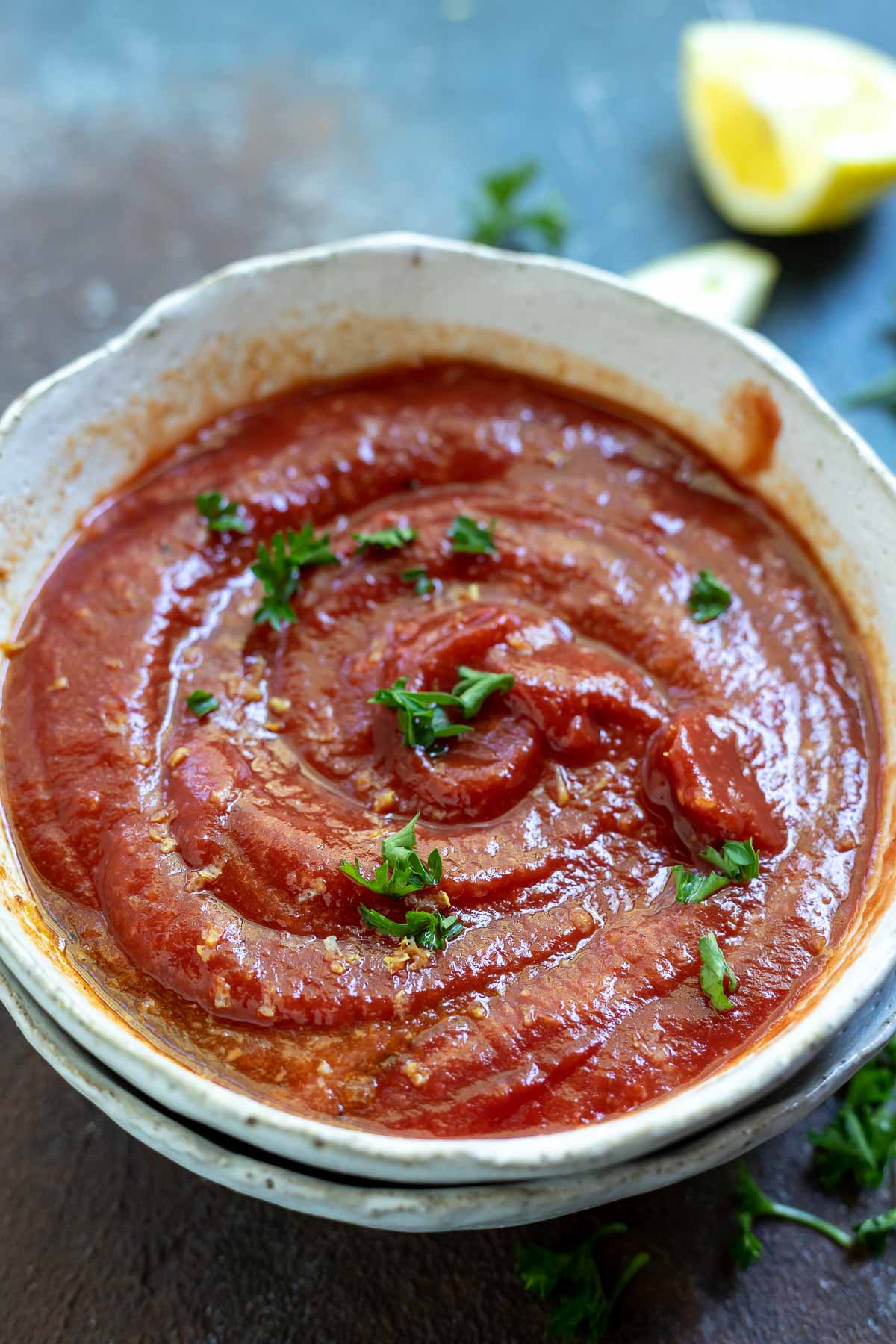 fresh cocktail sauce topped with parsley