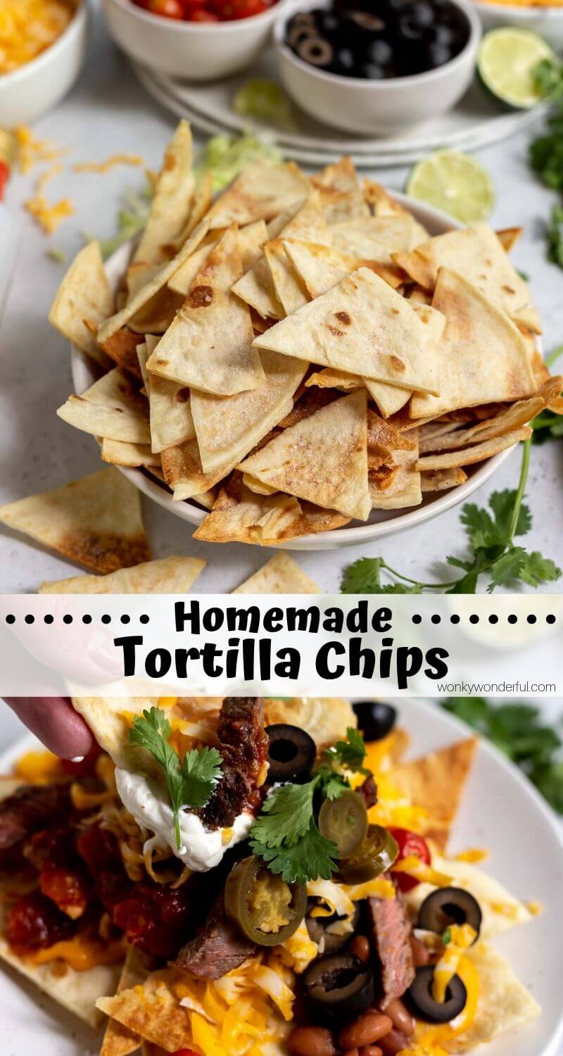 You'll never want store bought chips again once you make these Homemade Baked Tortilla Chips. Flour tortillas tossed with oil and salt then oven baked to crispy perfection for a healthier Mexican food option. #tortillachips #homemadetortillachips #nachos #mexicanfood #mexicanfoodrecipes #tortillachipsrecipe #bakedtortillachips