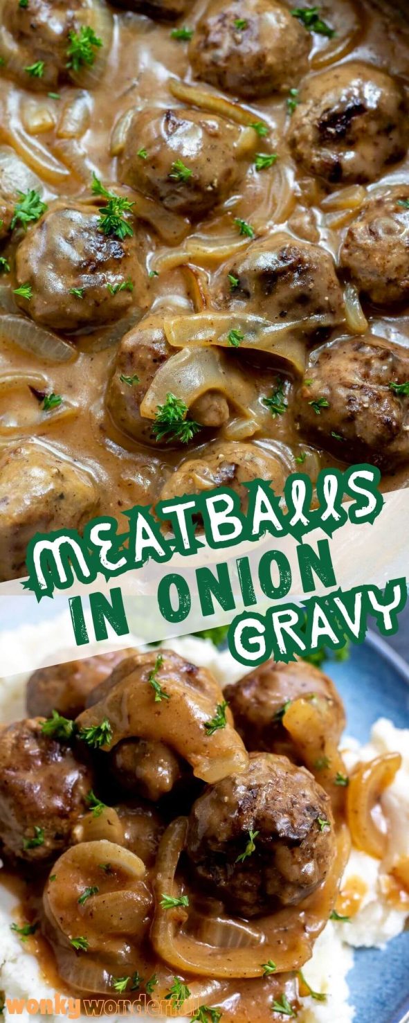 This One-Pan Meatballs and Gravy with Onions is a simple yet satisfying weeknight dinner recipe for the whole family. Easy Swedish-style meatballs smothered with a Sweet Vidalia Onion Gravy served over mashed potatoes, rice or noodles. meatballs in onion gravy pinnable image