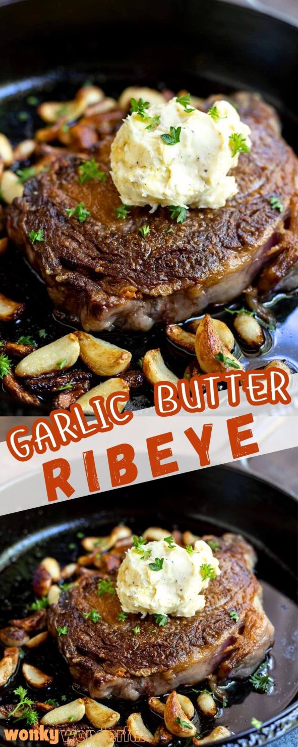 When I want to treat myself to a truly indulgent dinner I make this Cast Iron Ribeye Steak topped with Garlic Butter. This pan seared ribeye recipe is so quick and easy plus it's The Best Way To Cook Ribeye, in my humble opinion. cast iron ribeye steak pinnable image