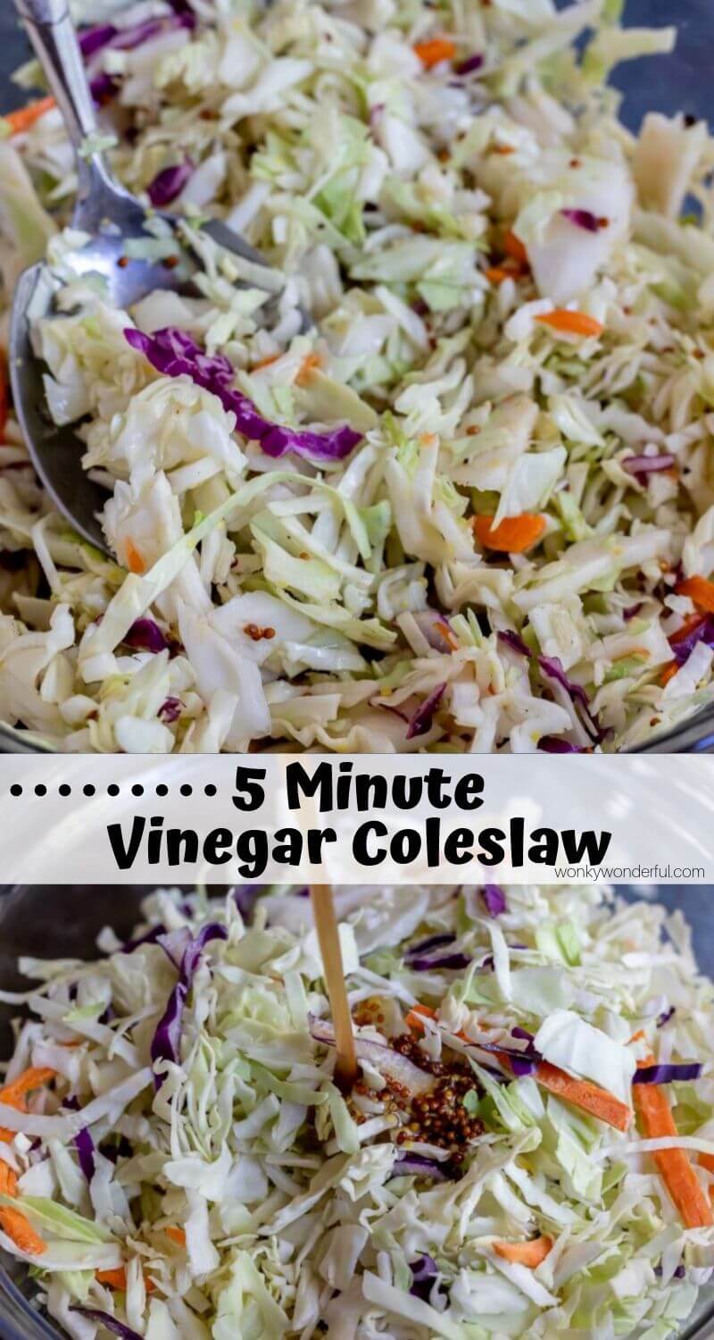 This Vinegar Based Coleslaw Recipe is beyond simple and only takes 5 minutes to make. Vegan coleslaw with a vinegar dressing instead of mayo will be a hit with everyone and will keep longer at a picnic or potluck. #coleslawrecipes #nomayocoleslaw #vinegarcoleslaw #easycoleslawrecipes #sidedishrecipes #cabbagerecipes #slawrecipes #veganrecipe #veganrecipes