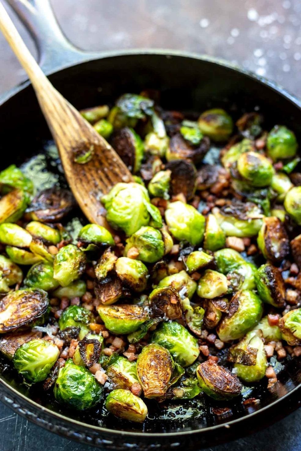 brussels sprouts in cast iron pan with pancetta