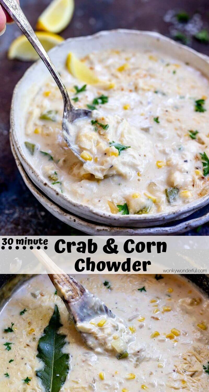 This chowder recipe is quick and easy! Crab and Corn Chowder is a thick, rich, indulgent soup that will make you think you are near the beach. With some shortcuts this hearty chowder comes together in no time and is perfect for the chilly months. #chowderrecipes #souprecipes #crabchowder #cornchowder #easydinnerrecipes #dinnerideas #30minutemeals #seafoodrecipes