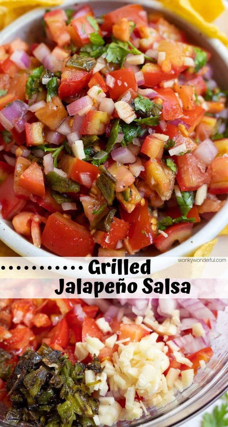 For those end of summer parties this Grilled Jalapeño Salsa Recipe is perfect. A fresh, flavorful homemade salsa with just a pop of heat. This appetizer will be a crowd favorite! #salsarecipe #grillrecipe #summerrecipe #homemadesalsa #spicysalsa #jalapenosalsa #appetizerrecipes #salsarecipes