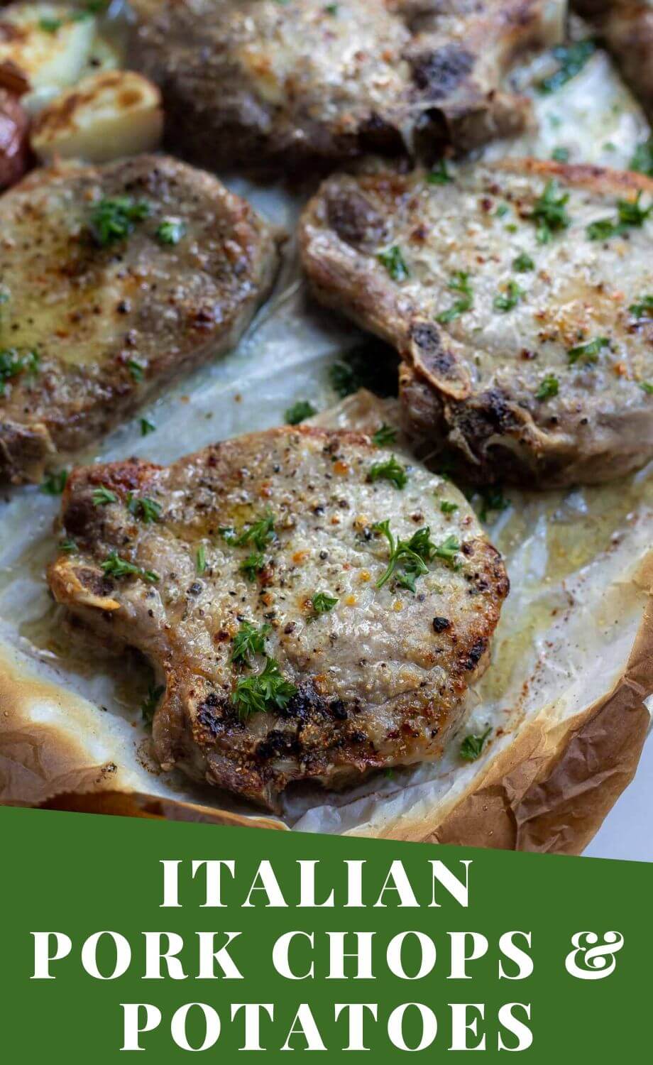 Weeknight dinner just got easier with this Baked Italian Pork Chops and Potatoes Recipe. Not only is this sheet pan meal super quick and easy to make but it is budget friendly too. Bone-in pork chops, onions and red potatoes tossed with Italian dressing season then oven baked to perfection. #easydinnerrecipes #porkchoprecipes #boneinporkchoprecipes #sheetpandinners #sheetpandinnerrecipes #budgetrecipes #easydinner #porkchopsandpotatoes #italianporkchops #30minutemeals