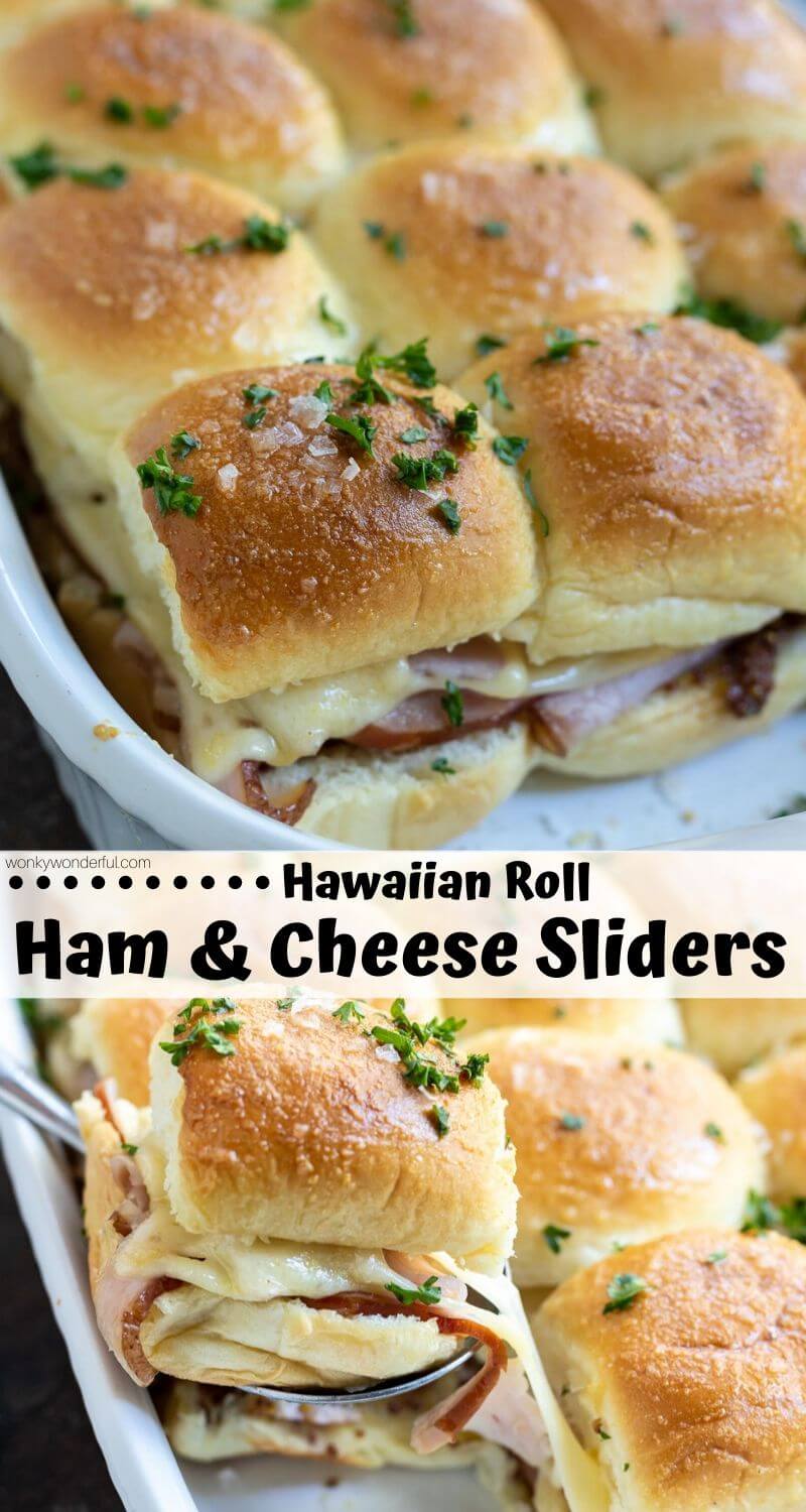 Ham and Cheese Sliders on Hawaiian Rolls are a great way to use up that leftover holiday ham. These Hawaiian Roll Sliders are fantastic for holidays, parties or game day. Feed your hungry crowd with this simple oven baked sandwich recipe! #hamandcheesesliders #hawaiianrolls #hawaiianrollsandwiches #partysandwiches #hamdandcheesesandwiches #lefoverhamrecipes #hamrecipes #gamedayrecipes #partyrecipes #holidayrecipes
