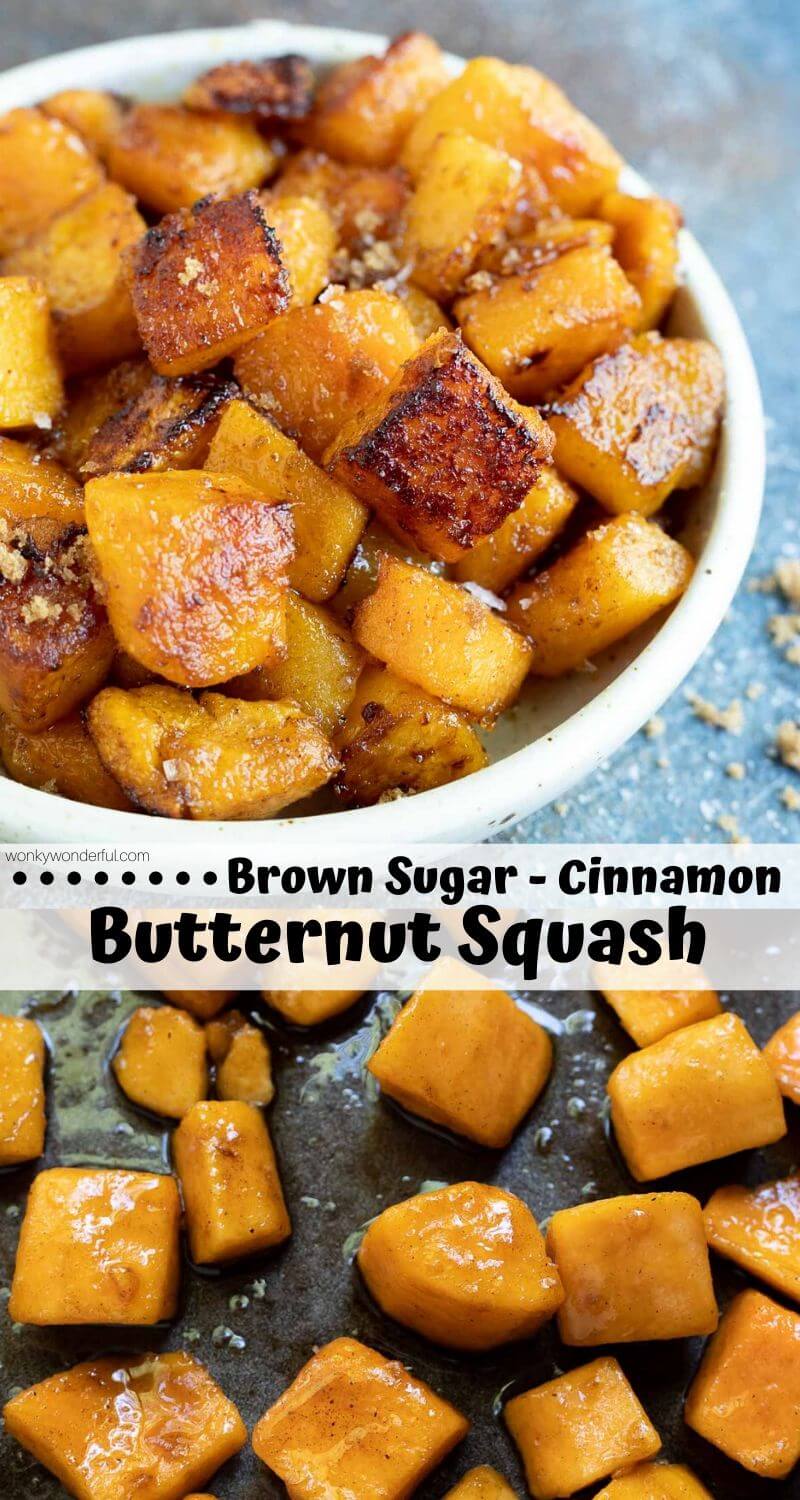 Another super easy holiday side dish idea for you: Oven Roasted Butternut Squash + Brown Sugar. Cubed butternut squash tossed with brown sugar and cinnamon make a slightly sweet candied butternut squash dish. This will definitely get the kids to eat their squash! #butternutsquashrecipes #sidedishrecipes #holidayrecipes #fallrecipes #winterrecipes #squashrecipes #brownsugarbutternutsquash #roastedbutternutsquash #veganrecipes #vegansidedishes