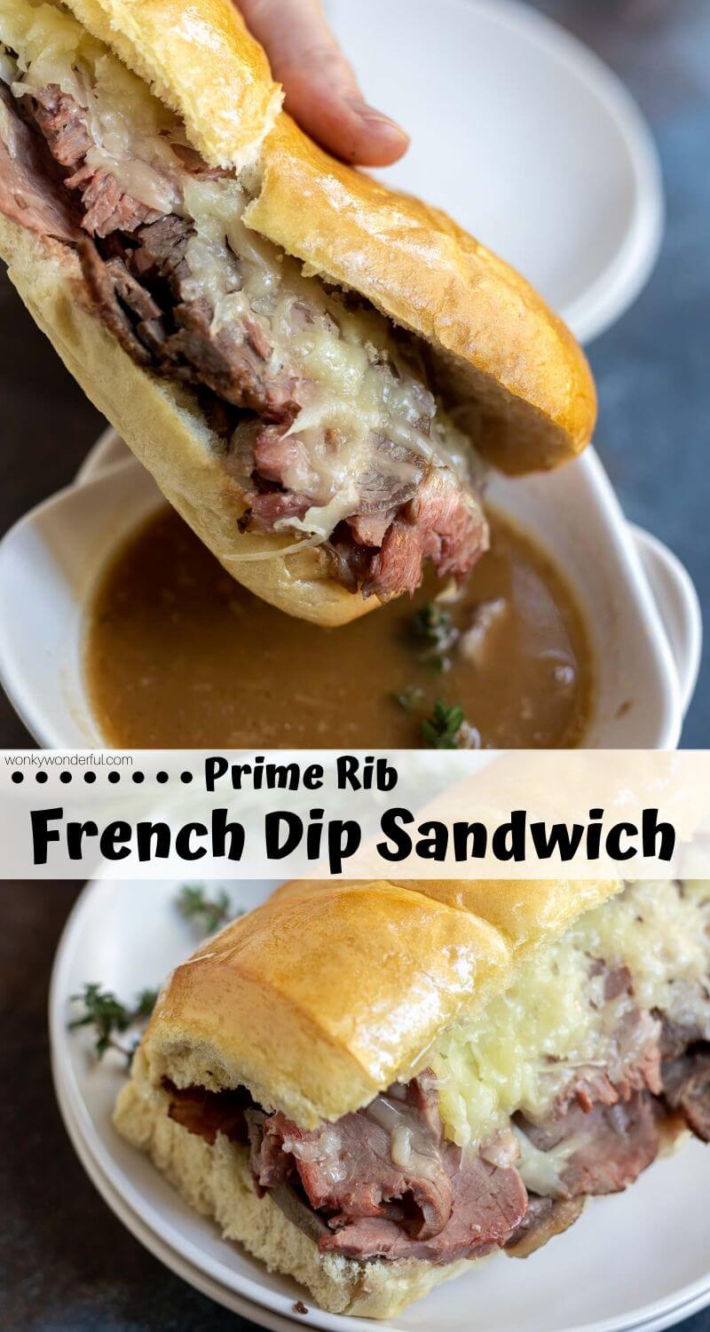 For the ultimate sandwich experience make this Prime Rib French Dip Recipe with French Dip Au Jus. Tender sliced prime rib roast, manchego cheese and herb infused au jus. This sandwich is absolute perfection! #frenchdipsandwich #sandwichideas #sandwichrecipes #dinnerideas #dinnerrecipes #beefrecipes