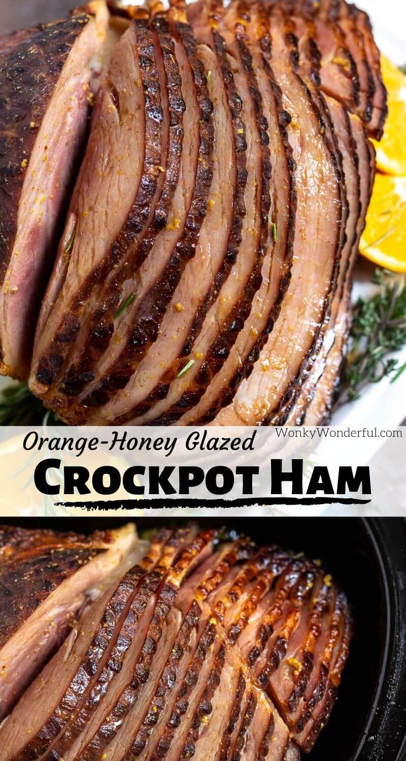 Holiday feasts can be stress free with recipes like this Orange Honey Glazed Slow Cooker Ham. A few simple ham glaze ingredients poured over a spiral ham then slow cooked right in your crockpot. #crockpotham #crockpothamrecipes #crockpothambrownsugar #slowcookerham #slowcookerhamrecipes #holidayham #holidayhamrecipes #holidayhamcrockpot #holidayrecipes #crockpotrecipes #slowcookerrecipes