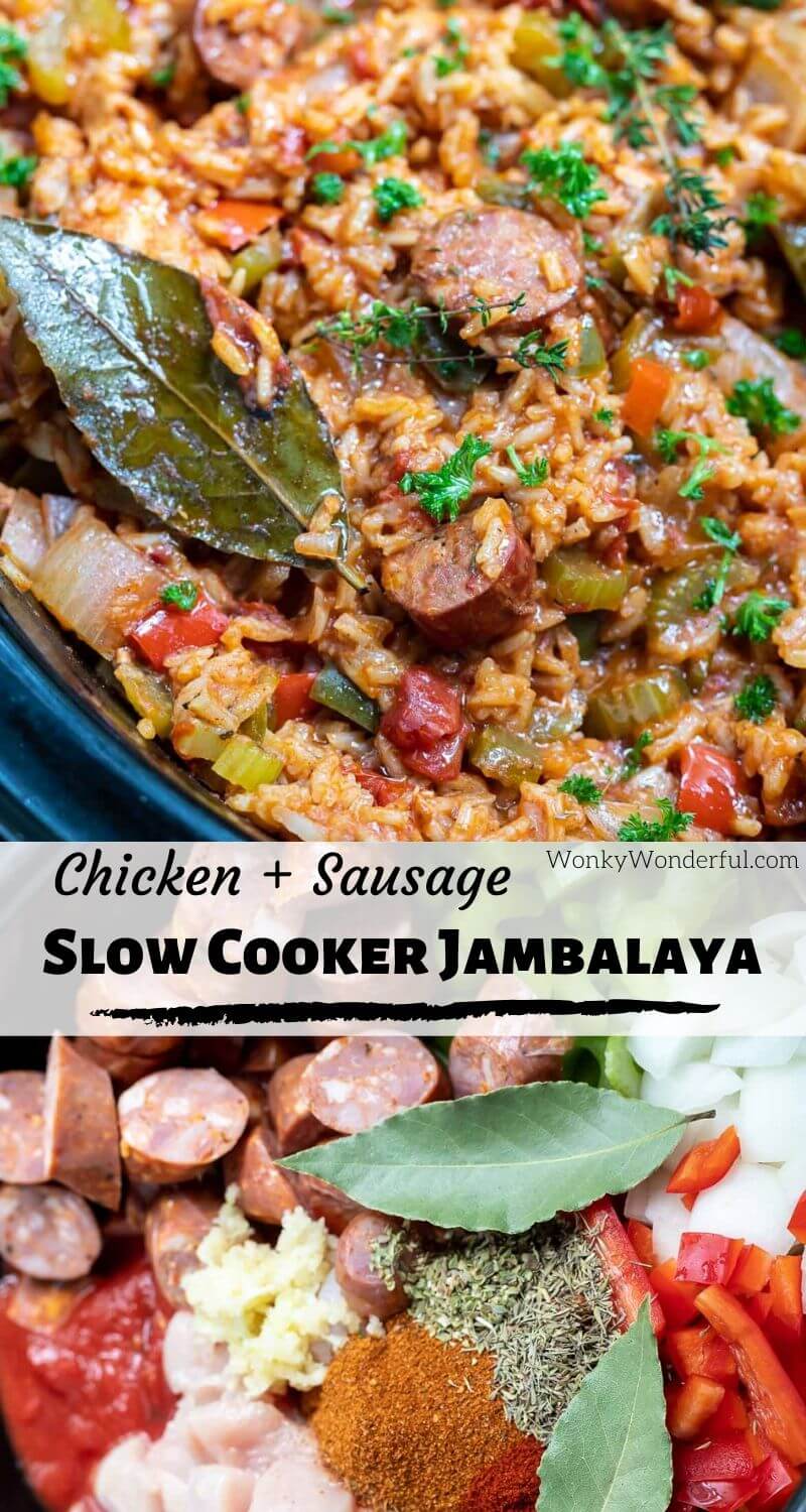 Celebrate Mardi Gras with this Chicken and Sausage Slow Cooker Jambalaya Recipe. A Cajun favorite made super easy right in your crockpot. A fun, flavorful and festive dinner idea. #slowcookerrecipes #crockpotrecipes #mardigrasrecipes #jambalayarecipes #jambalaya #cajunrecipes #slowcookerjambalaya #chickenricerecipes #easydinnerrecipes