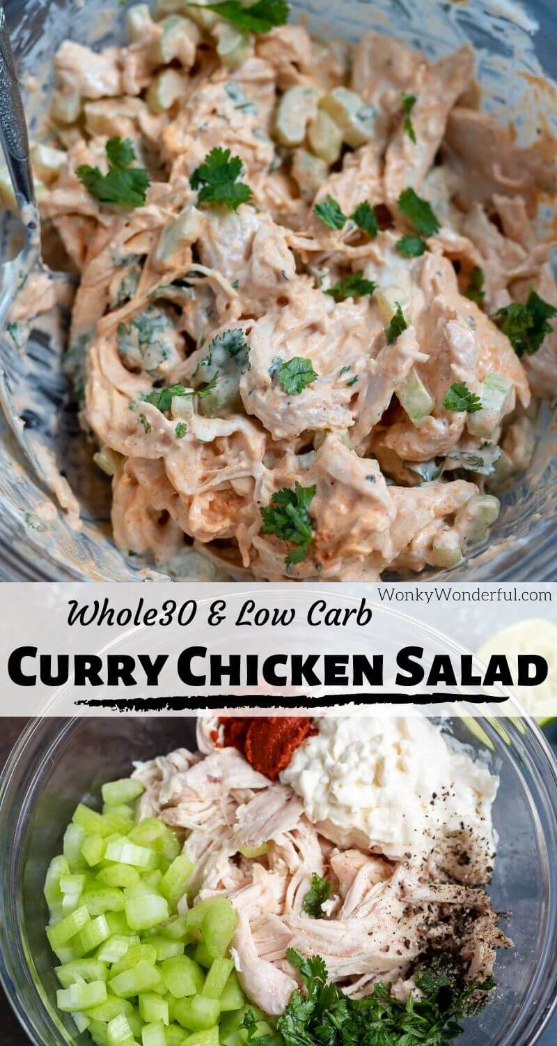For a nutritious lunch idea, this Curry Chicken Salad Recipe is quick, easy and healthy. This chicken salad is Keto-friendly, low carb and Whole 30. Plus it is absolutely delicious and perfect for meal planning! #chickensaladrecipes #currychicken #curryrecipes #whole30recipes #ketorecipes #lowcarbrecipes #mealplanningrecipes