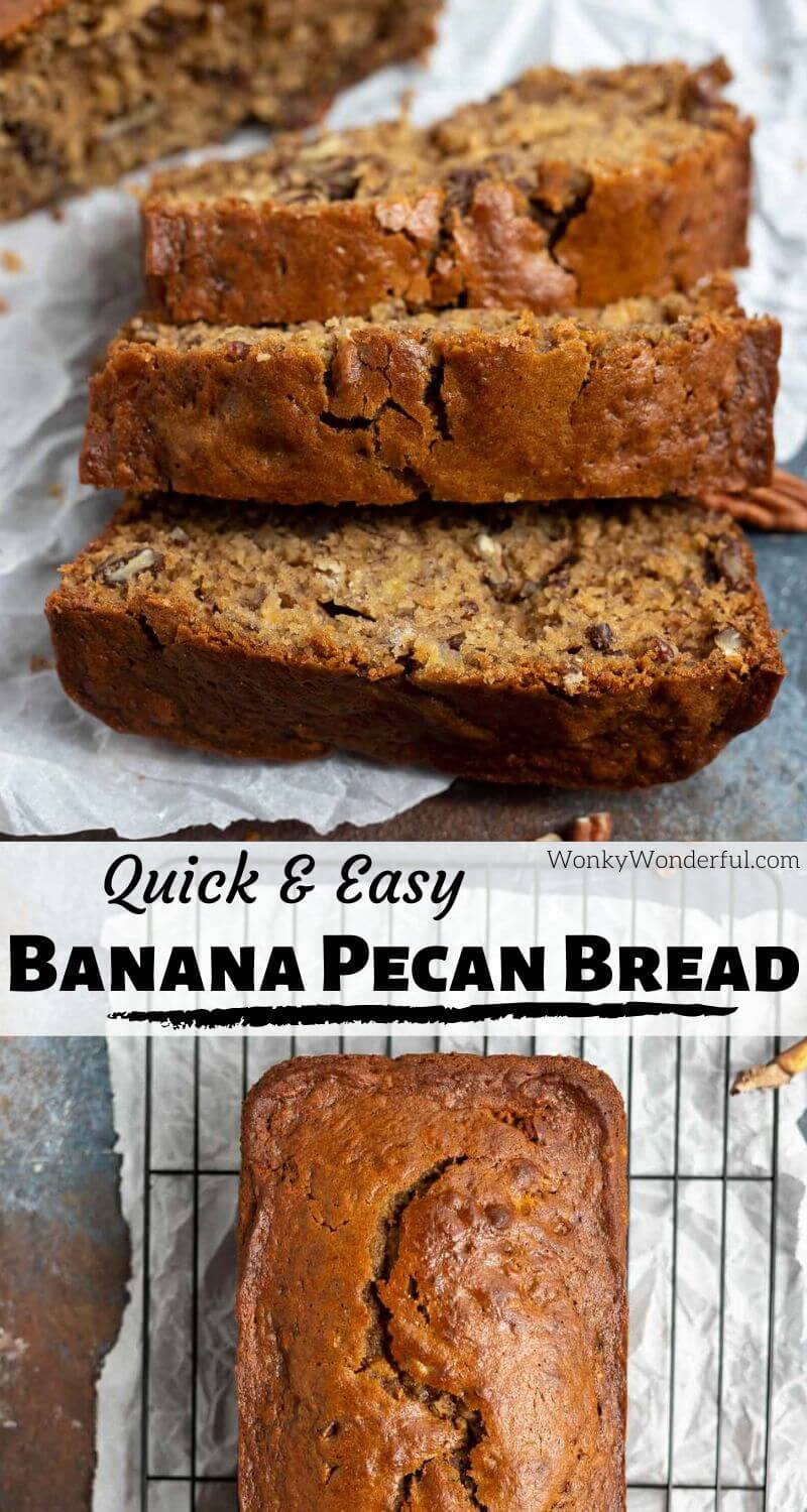 Got brown bananas? Transform them into this amazing Easy Banana Pecan Bread. This Banana Nut Bread is a mix, bake and eat recipe. Banana Quick Bread is great for a dessert or an indulgent breakfast. #bananabreadrecipes #banananutbread #bananbread #quickbreadrecipes #dessertrecipes