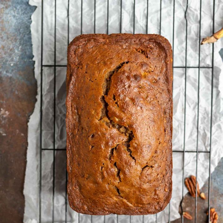 fresh baked banana bread on cooling rack