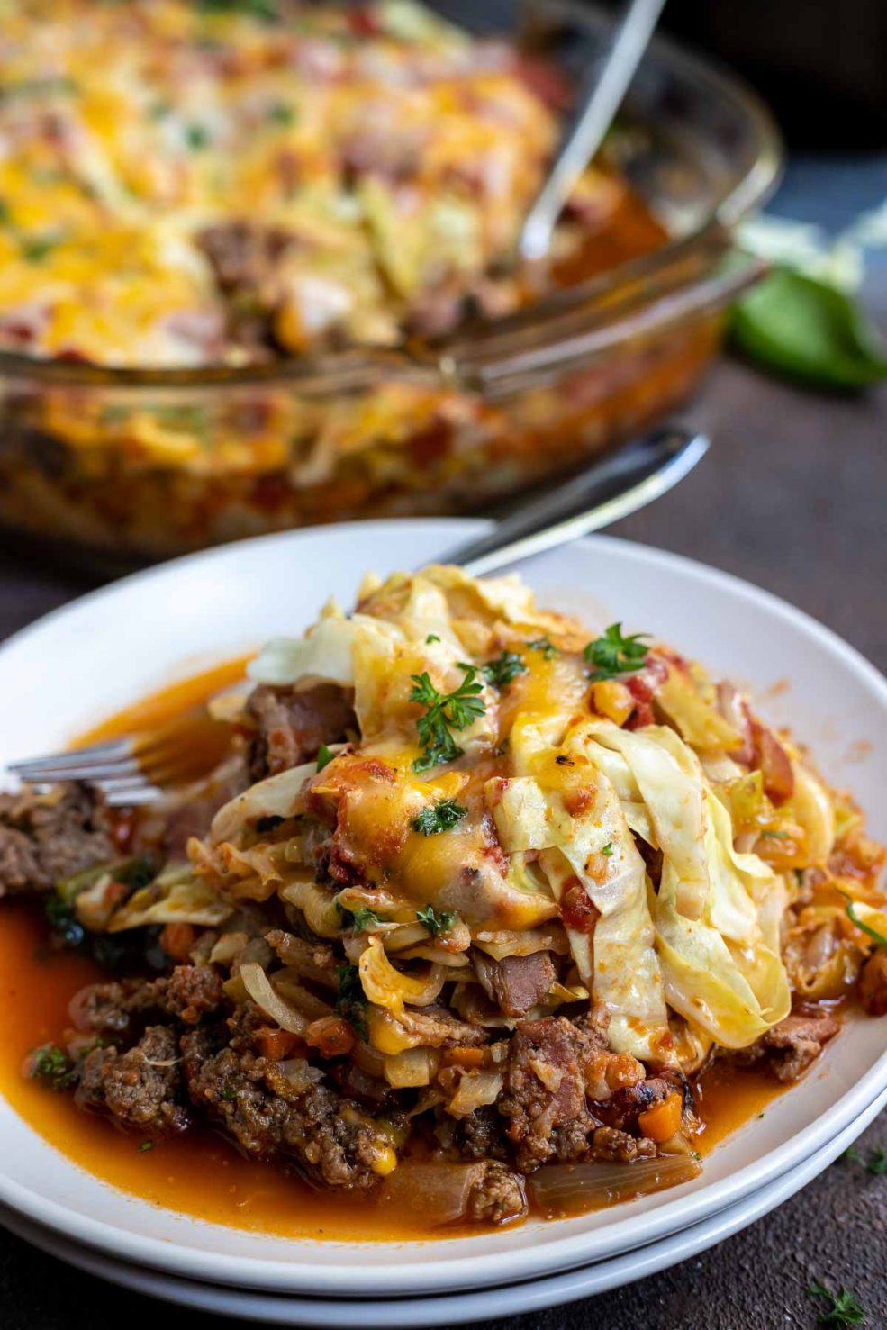 cabbage casserole on white plate