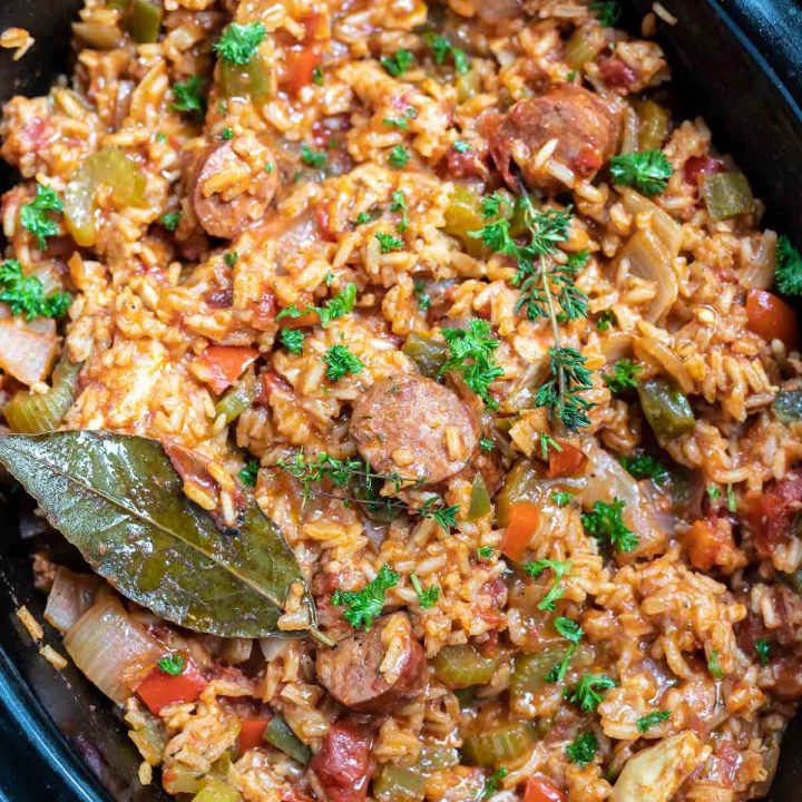 finished jambalaya rice in slow cooker